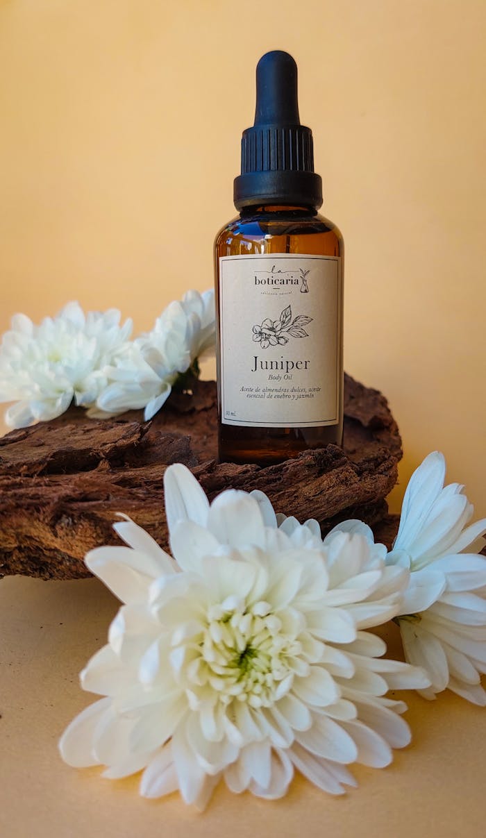 Bottle of juniper essential oil surrounded by white chrysanthemums on a rustic background.
